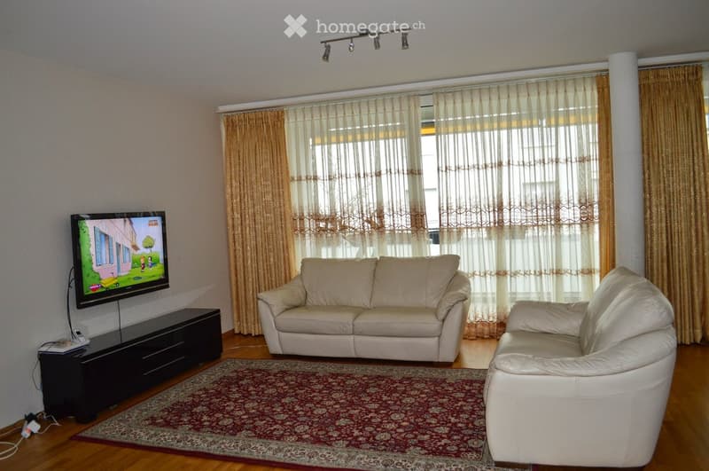 A modern living room with a cream-colored sofa, armchair, flat-screen TV on a black stand, and patterned area rug on a wooden floor.