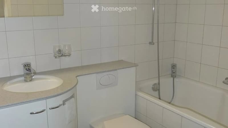Bathroom with a sink, faucet, bathtub, toilet, and cabinet. The walls are tiled, and there is a showerhead above the bathtub.