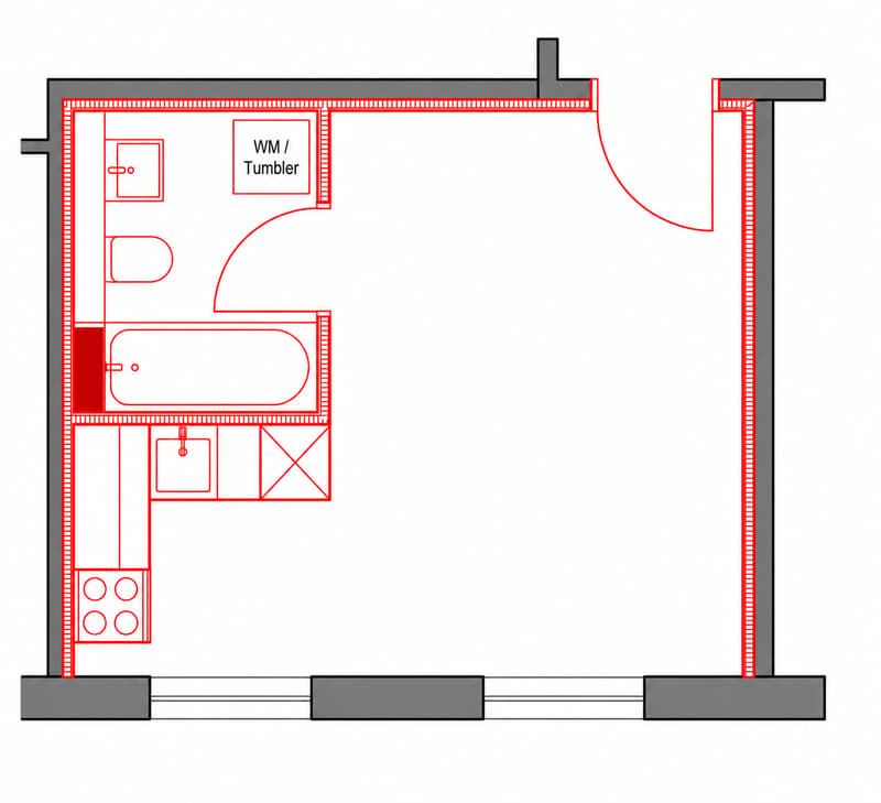 Bathroom floor plan showing a bathtub, toilet, sink, and washing machine/dryer area.