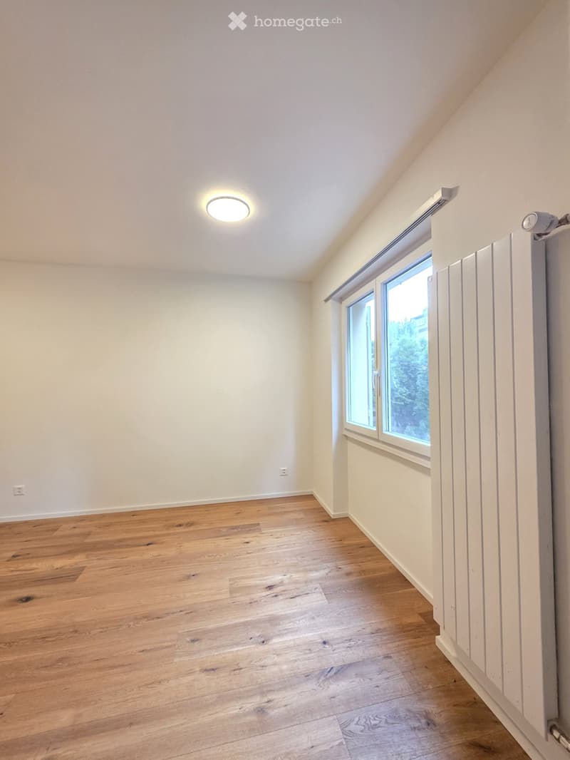Empty room with wooden flooring, white walls, large window, and a ceiling light fixture.