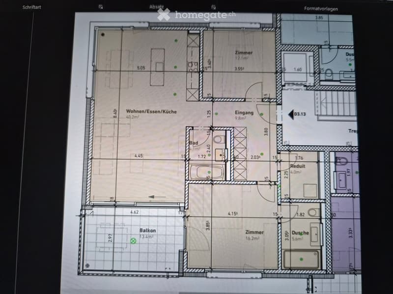 Floor plan showing a living/dining/kitchen area, bedroom, bathroom, hallway, balcony, and additional rooms.