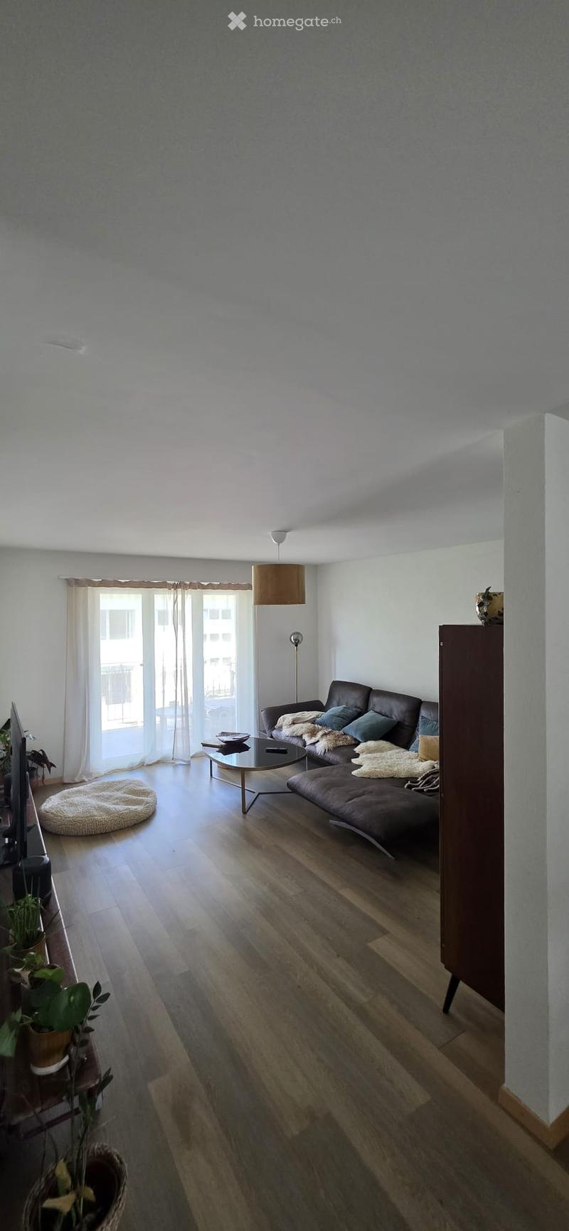 Modern living room with wooden flooring, large windows, a dark leather sofa, a coffee table, a floor lamp, and potted plants.