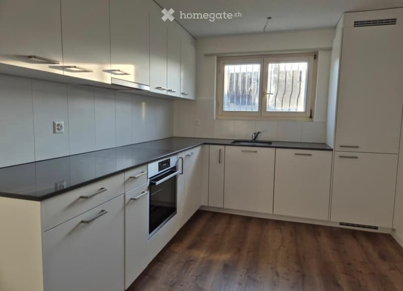 Modern kitchen with white cabinets, black countertops, and a built-in oven. Features a window above the sink and wooden flooring.