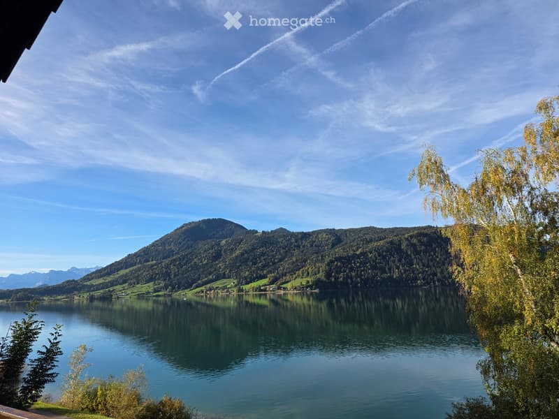 A serene lakeside view with calm water reflecting the surrounding mountains and trees, under a clear blue sky.