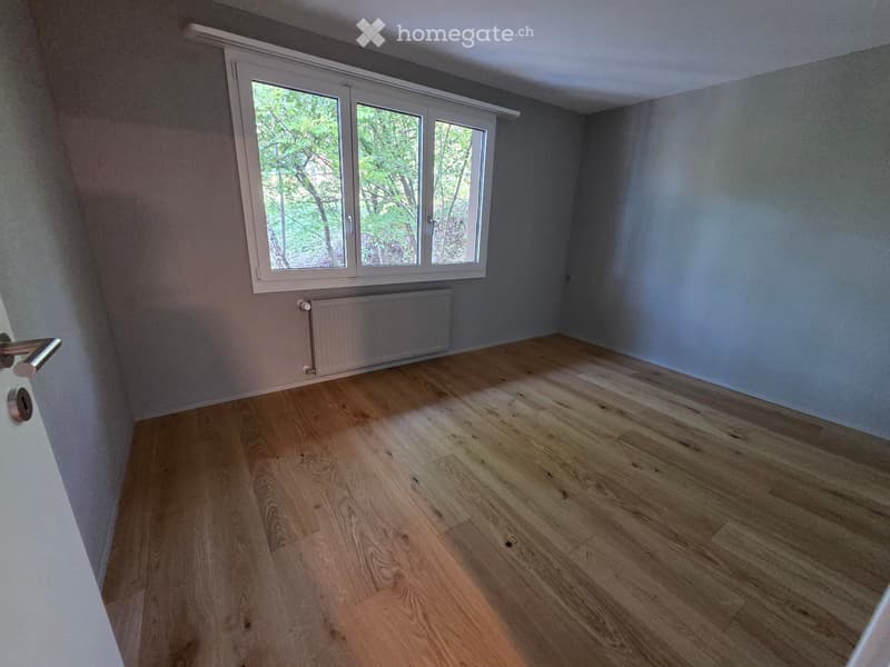 Empty room with wooden flooring, light grey walls, and a large window with white frames. A radiator is visible below the window, and a door is on the left side.
