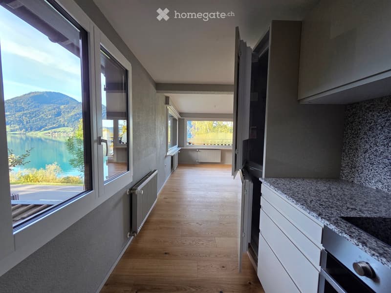 Bright hallway with wooden flooring, large windows offering scenic views of a lake and mountains, radiator, and an open kitchen area with granite countertops and white cabinets.