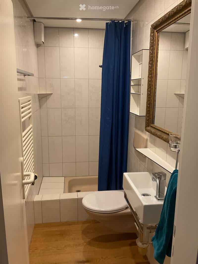 Compact bathroom with white tiles, a toilet, a sink, a bathtub with a blue shower curtain, a mirror, a radiator, and a towel hanging on the side.