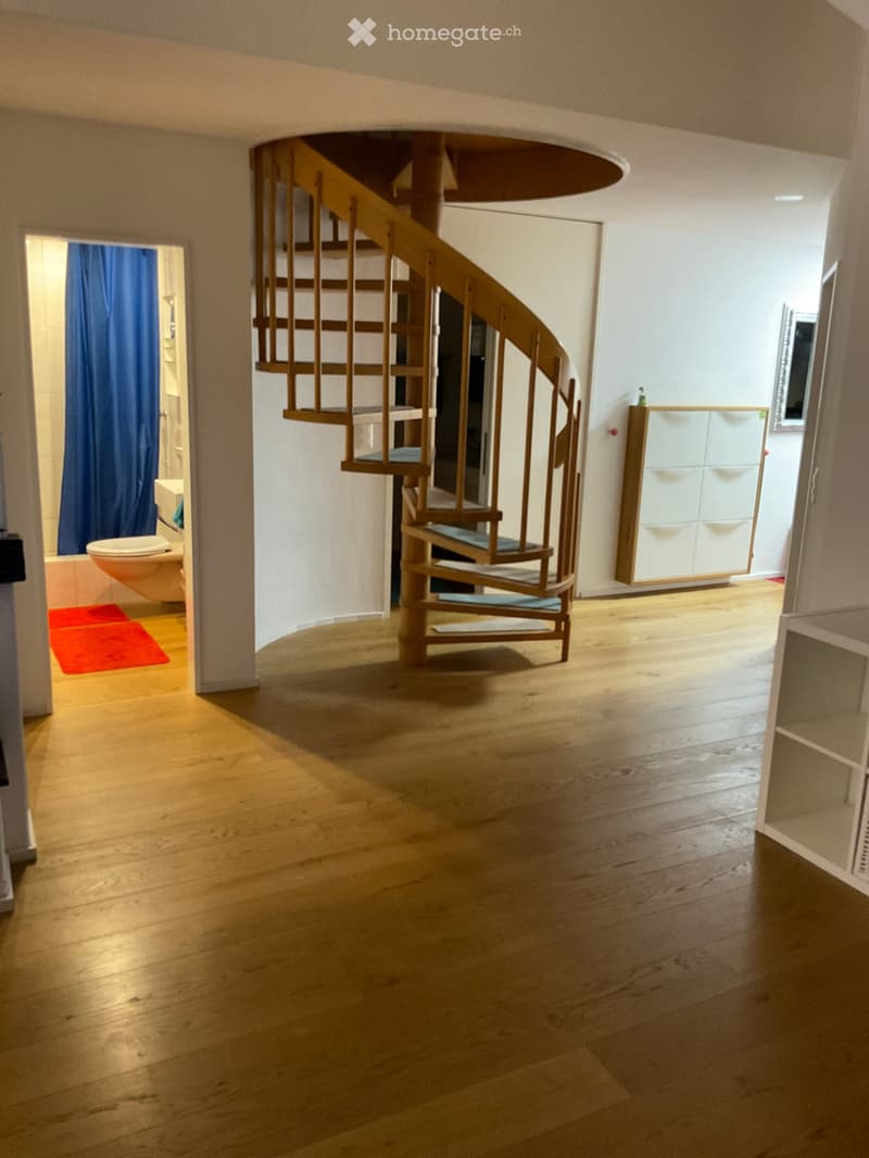 Spacious hallway with wooden flooring, a spiral staircase leading upwards, and a small bathroom visible to the left.
