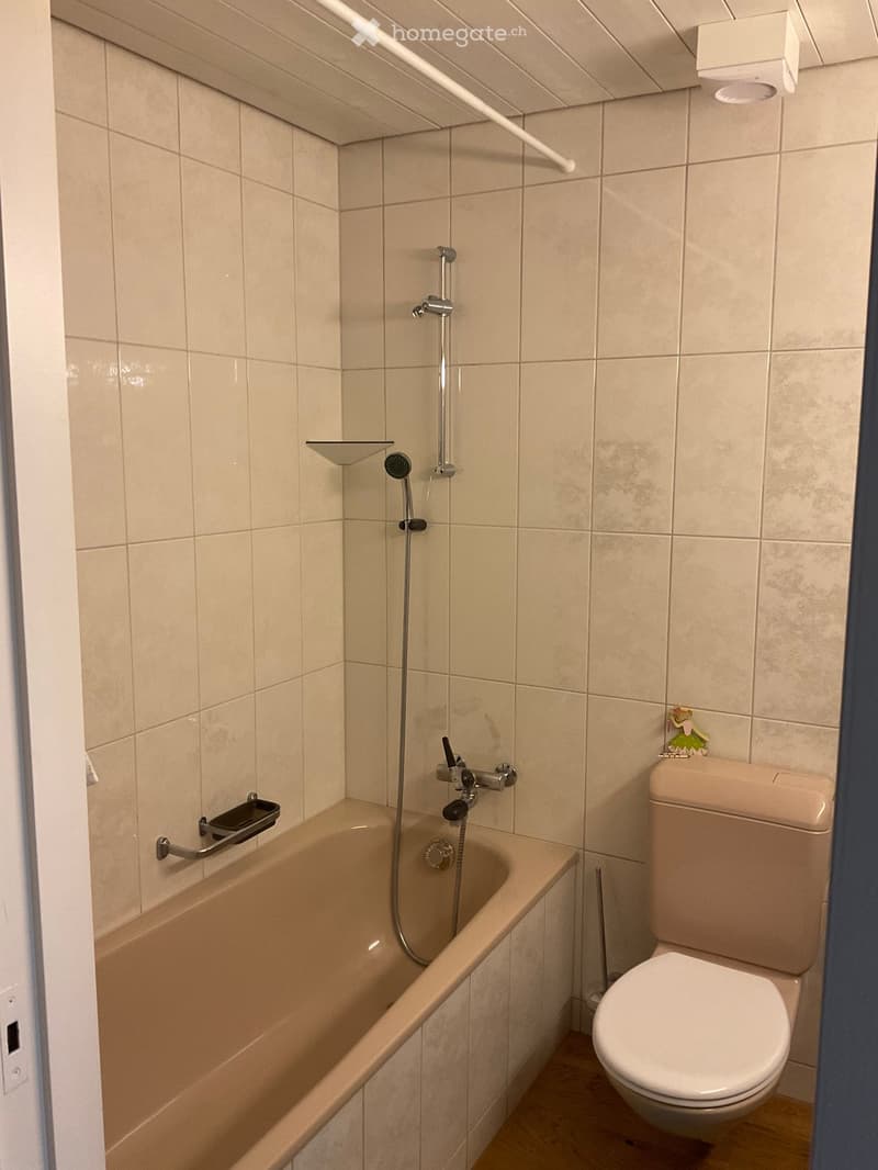 Bathroom with a bathtub, toilet, showerhead, and handrail. Light beige tiles on walls and floor.
