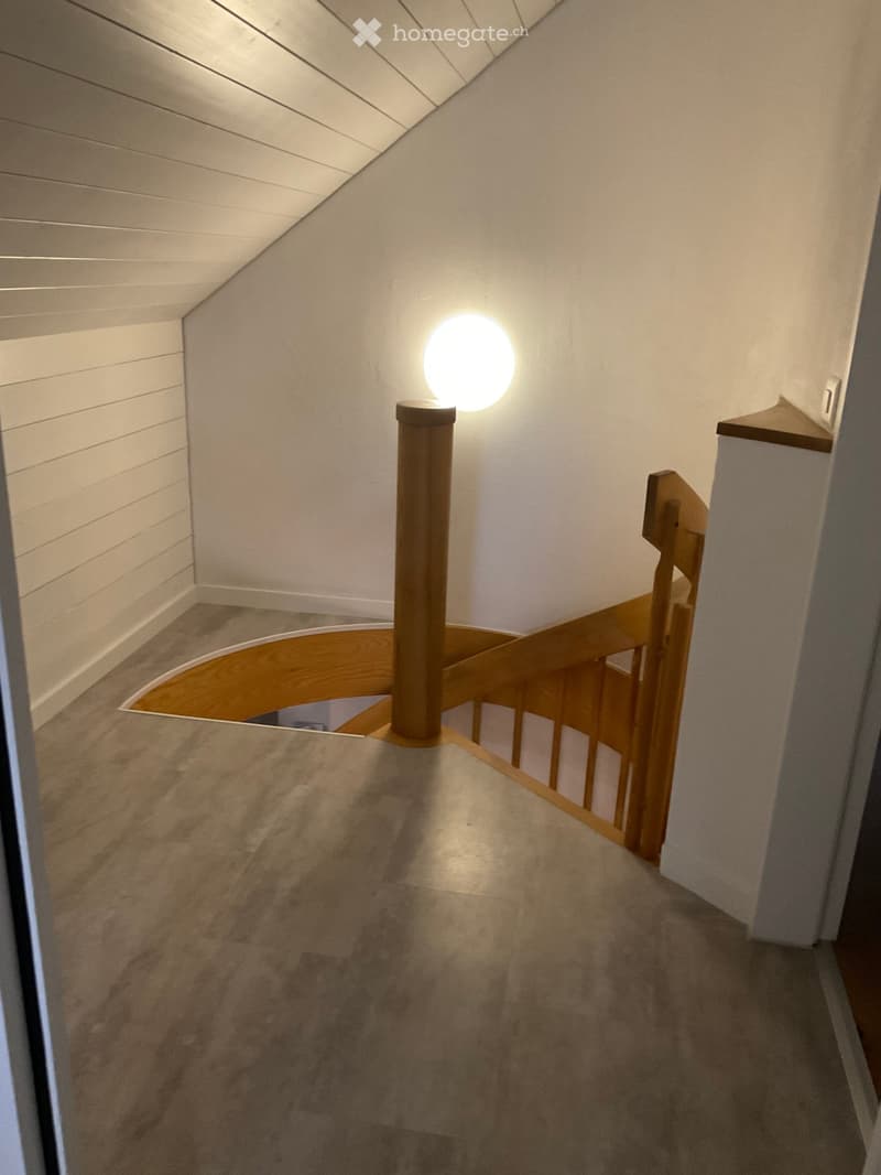 Carpeted hallway with wooden railing, a central wooden post, and a round wall-mounted light fixture.