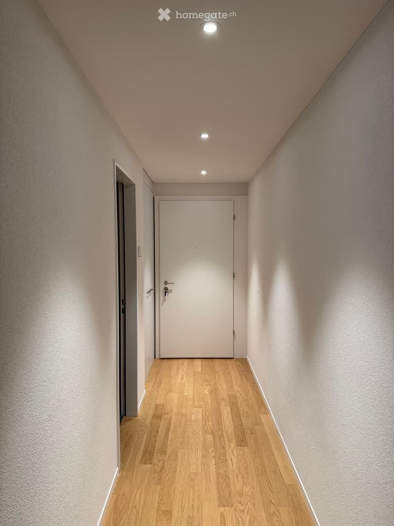 Modern hallway with light wooden flooring, white walls, and recessed ceiling lighting. Features a closed white door at the end and an open doorway on the left.