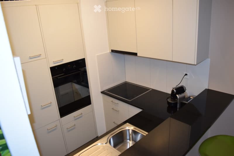 Modern kitchen with white cabinets, black countertops, stainless steel sink, induction cooktop, and coffee maker.