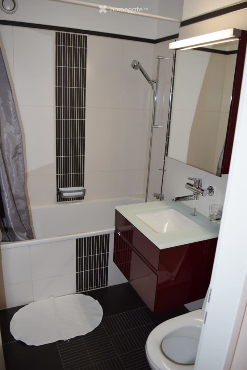 Modern bathroom with a bathtub, sink, toilet, mirror, and a showerhead. Features dark tiles on the floor and walls, a wooden cabinet, and a towel on the floor.