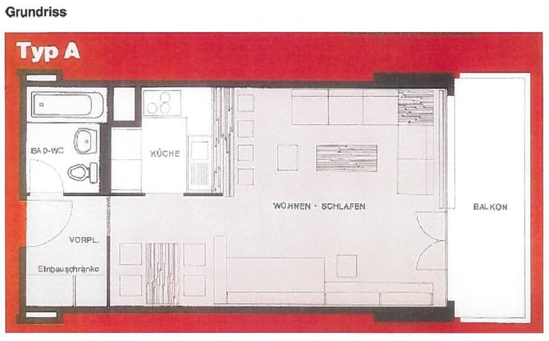 Floor plan of a Type A apartment featuring a kitchen, living/sleeping area, bathroom, and balcony.