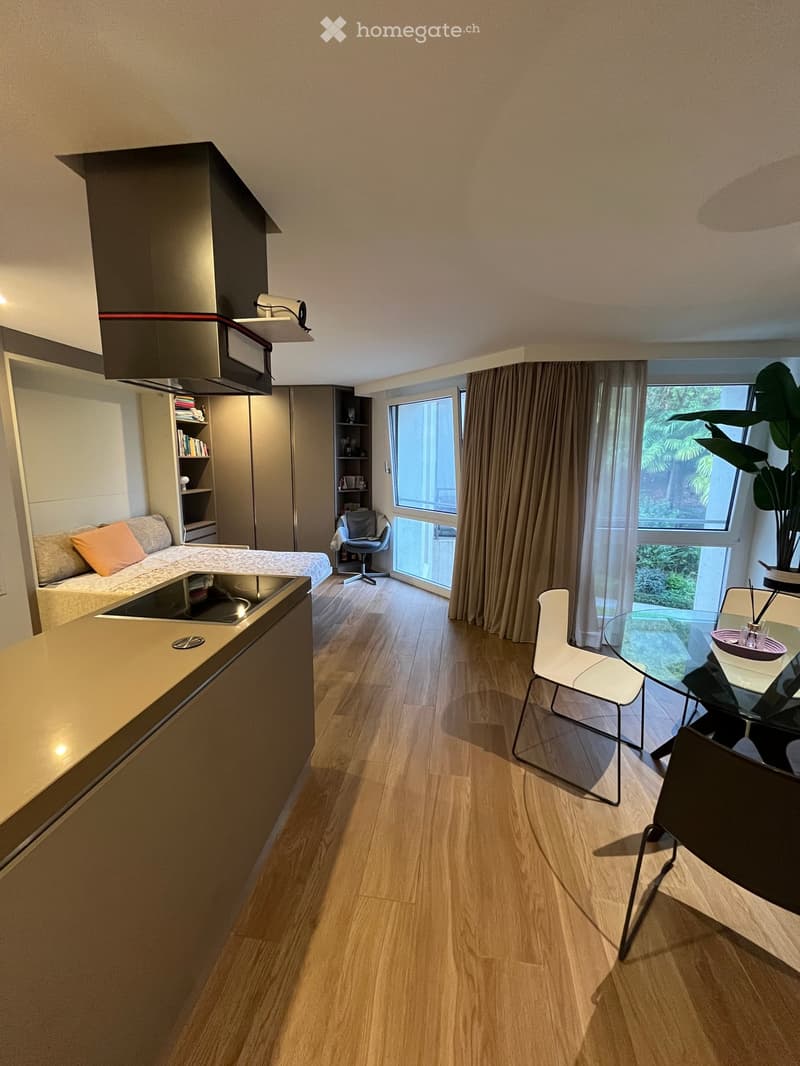 A modern, open-plan living and dining area with a sofa, dining table, chairs, and a small kitchen counter. The space features wooden flooring, large windows with curtains, and built-in storage units.