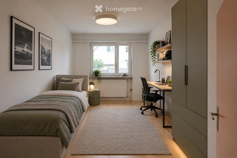 A modern, multi-functional bedroom with a bed, desk, and nightstand. Features include a large window with a view, a potted plant on the windowsill, and framed artwork on the wall.