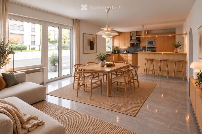 Modern open-plan living and dining area with a sofa, dining table, chairs, kitchen area, and bar stools. Features large windows, pendant lights, and decorative plants.