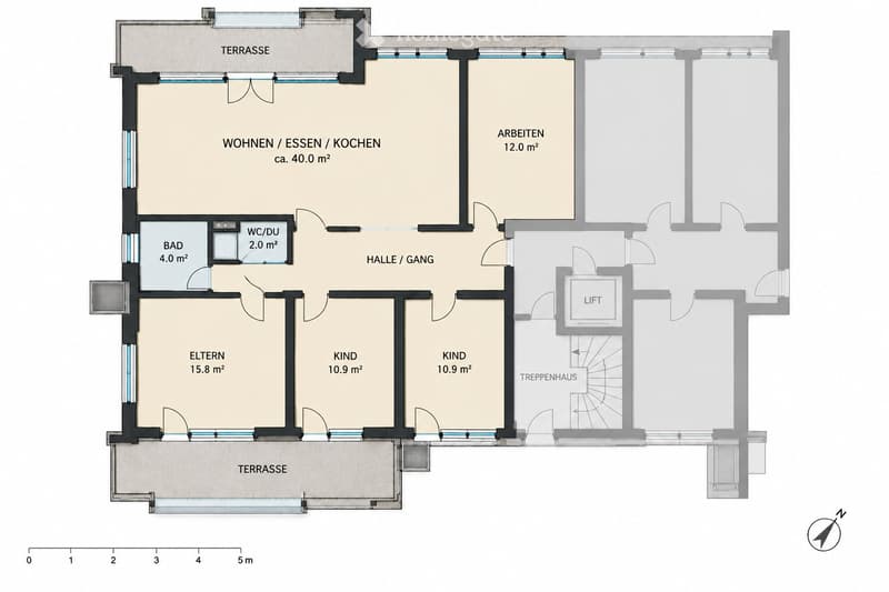 Floor plan of a residential unit featuring a combined living/dining/kitchen area, two bedrooms, a bathroom, a WC/shower, a hallway, a staircase, and a terrace.