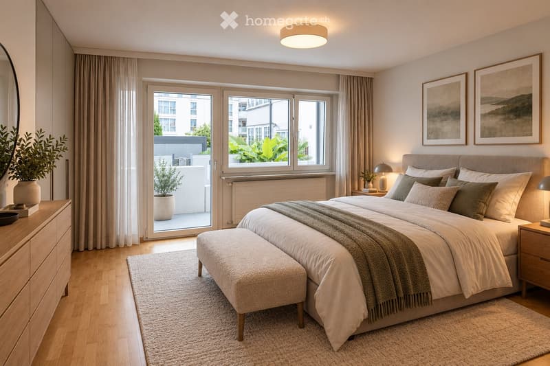Modern bedroom with a large bed, nightstands, a dresser, a mirror, a stool, a rug, potted plants, and artwork on the walls.