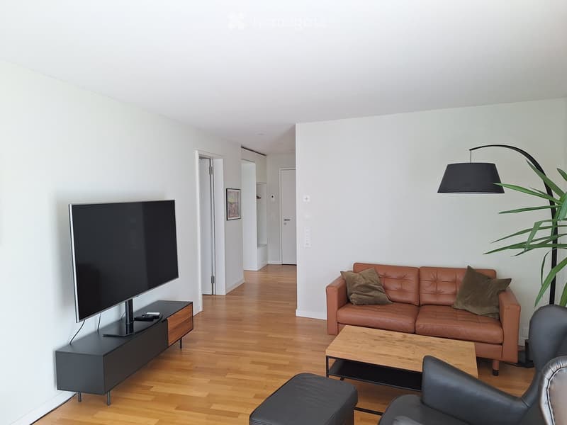 Modern living room with light wooden flooring, a brown leather sofa, a coffee table, a TV on a stand, and a floor lamp with a black shade.