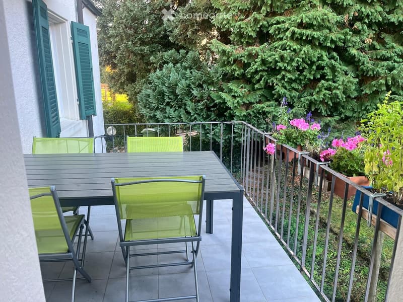 Balcony with a grey table and four green chairs, surrounded by potted plants and a metal railing, overlooking a lush garden.