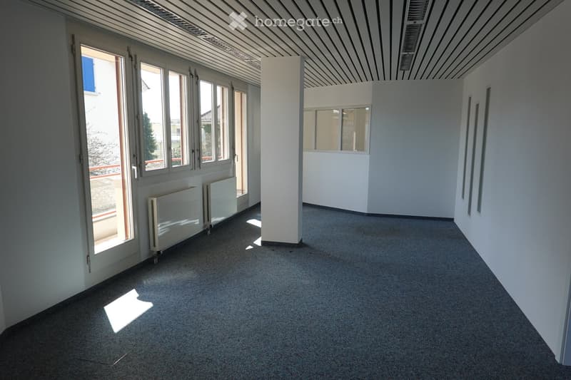 Empty room with white walls, carpeted floor, large windows, radiators, and a white pillar in the center.