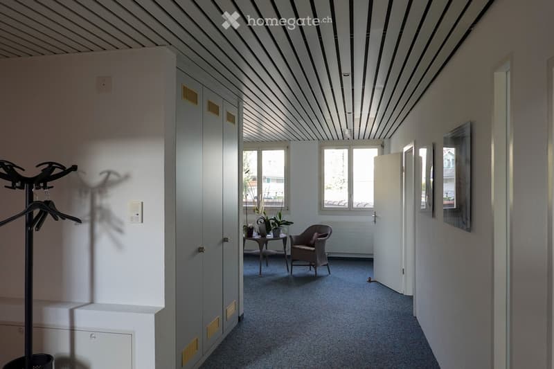 A small, modern hallway with a coat rack, a small seating area featuring a chair and table with plants, and large windows allowing natural light.