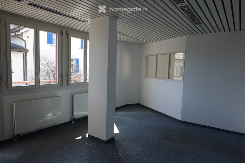 Empty room with white walls, grey carpeted floor, large windows, radiators, and a central column.