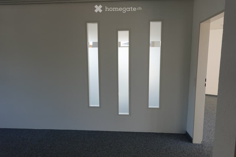 Empty room with grey walls, carpeted floor, and four narrow windows allowing natural light. An open doorway leads to another space.