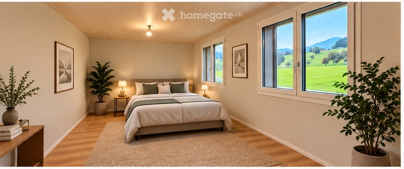 Modern bedroom with large windows offering a scenic view, a neatly made bed, nightstands with lamps, a small table with books, and potted plants.