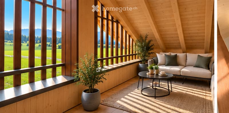 Bright, airy balcony with wooden beams, large windows offering scenic views, a cream-colored sofa, coffee table, and potted plants.