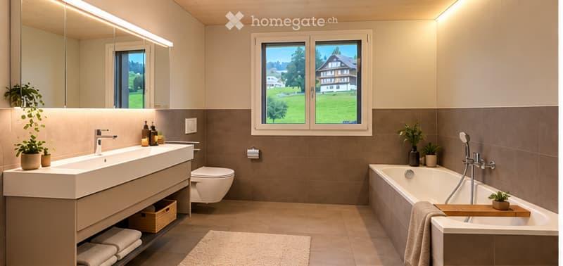 Modern bathroom with a large window offering a scenic view, featuring a sink, toilet, bathtub, and decorative plants.