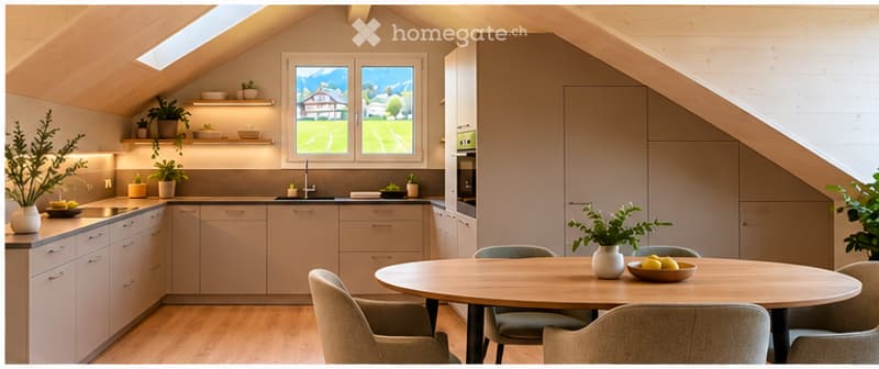 Modern kitchen with light wood cabinetry, stainless steel appliances, and a large window offering a scenic view of a green field and mountains. A round dining table with chairs is placed near the window, accompanied by a bowl of fruit and a vase with plan