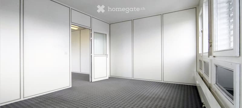 Empty room with white walls, grey carpet, and large windows. No furniture or equipment present.