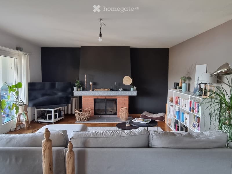 Modern living room with a grey sofa, fireplace, bookshelf, coffee table, and decorative items.