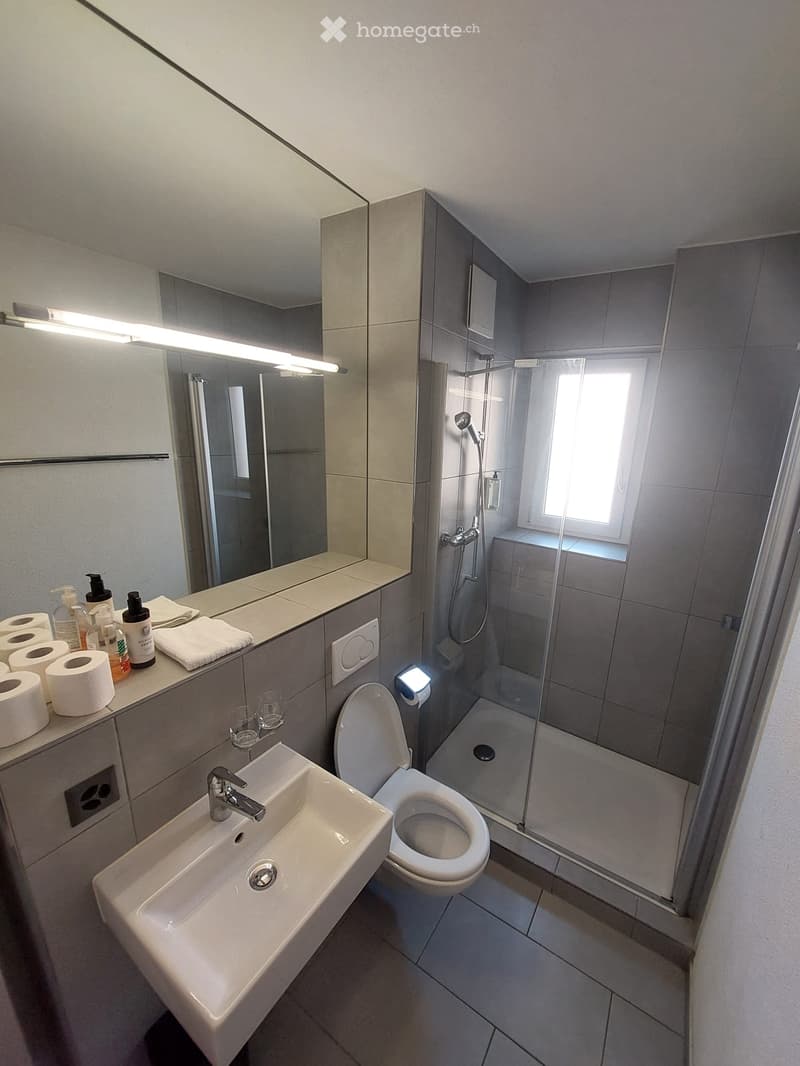 Modern bathroom with a white sink, toilet, glass-enclosed shower, and a large mirror with built-in lighting. Toilet paper, a towel, and toiletries are placed on the counter.