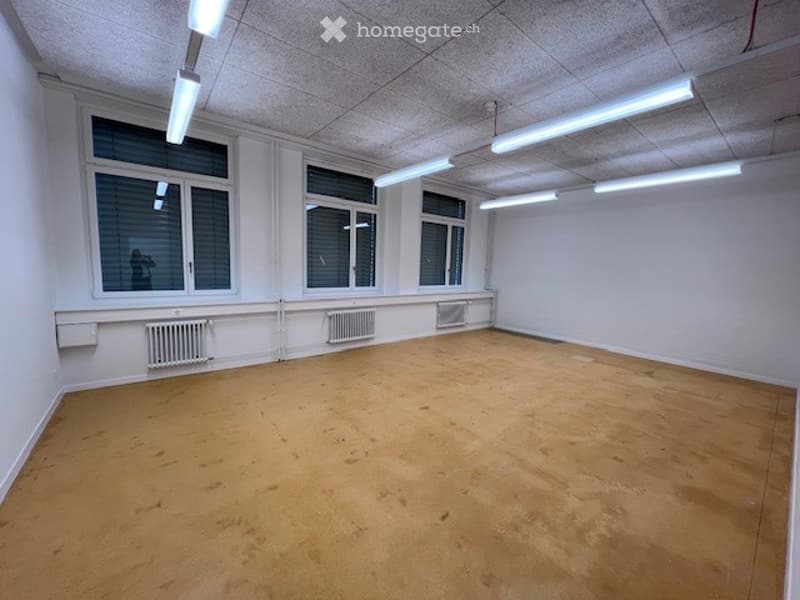 empty room, wooden floor, white walls, 4 windows, 3 radiators, fluorescent lights