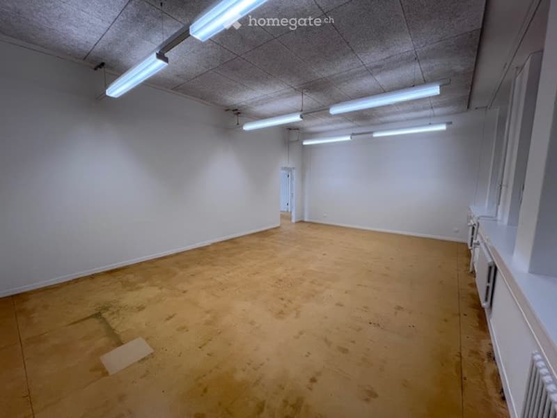 Ample room with white walls and wooden flooring. There are five fluorescent lights along the ceiling. There are two doors leading into the room. A white object can be seen lying on the floor.