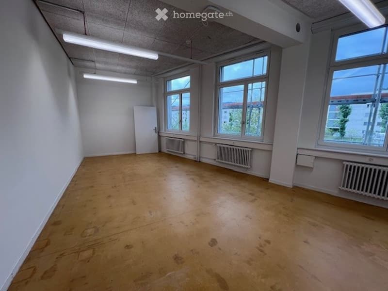 empty room, hardwood floor, three windows, white walls, ceiling lights