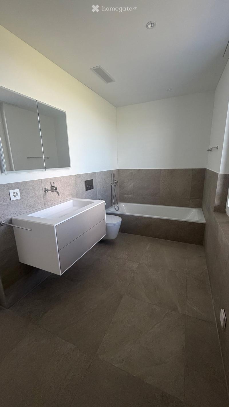 Modern bathroom with a white sink, mirror, bathtub, and toilet. Features dark tiled walls and floor, sleek fixtures, and a contemporary design.