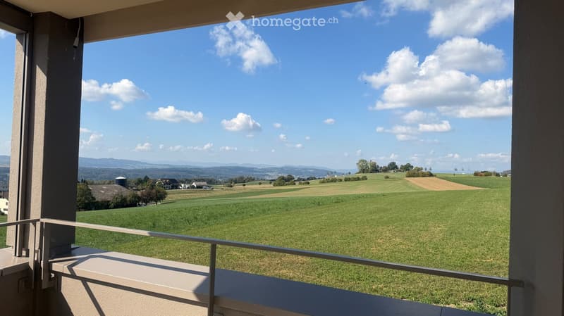Balcony with a metal railing overlooking a green field and distant hills under a partly cloudy sky.