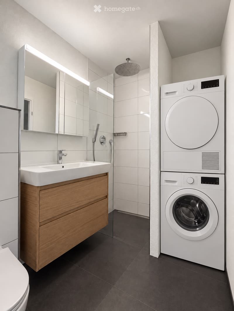 Modern bathroom with a white sink, wooden cabinet, mirror, toilet, washing machine, and a glass-enclosed shower area.