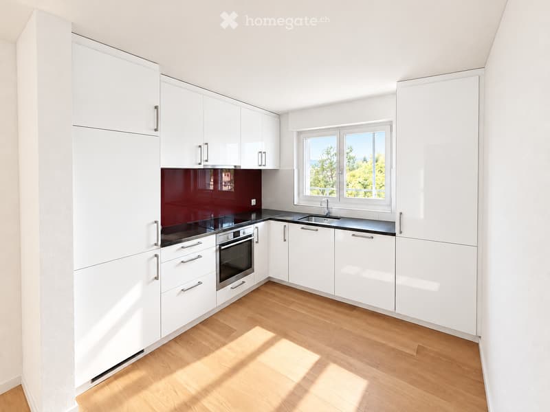 Modern kitchen with white cabinets, a dark red backsplash, a black countertop, and a wooden floor. Features include a sink, oven, and a window with a scenic view.