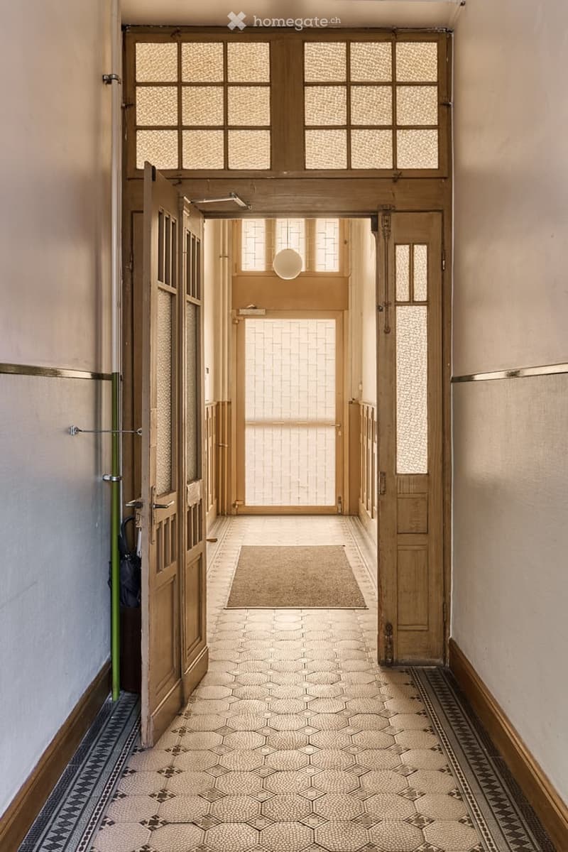 Elegant hallway with geometric patterned tiles, wooden doors, and frosted glass windows allowing natural light to filter through.