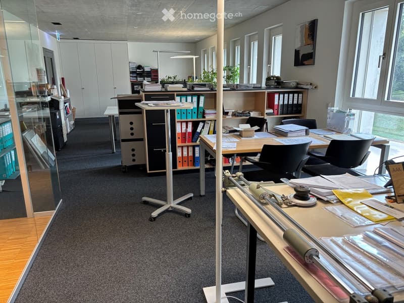 Office space with multiple desks, chairs, cabinets, bookshelves, and a lamp. The room has large windows and a glass partition.