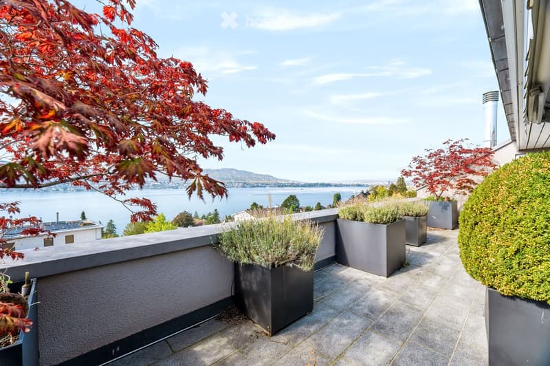 Balcony with modern planters, overlooking a scenic lake and distant mountains.