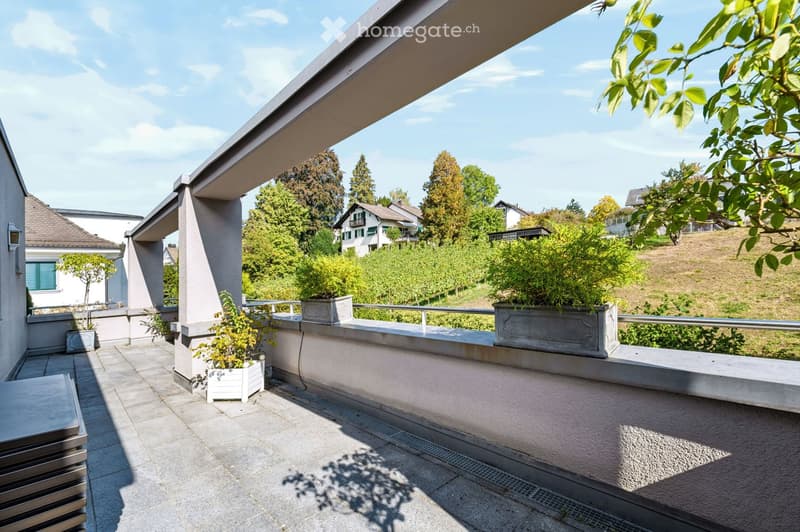 A spacious balcony with tiled flooring, metal railings, and potted plants, overlooking a green, hilly landscape with houses and trees.