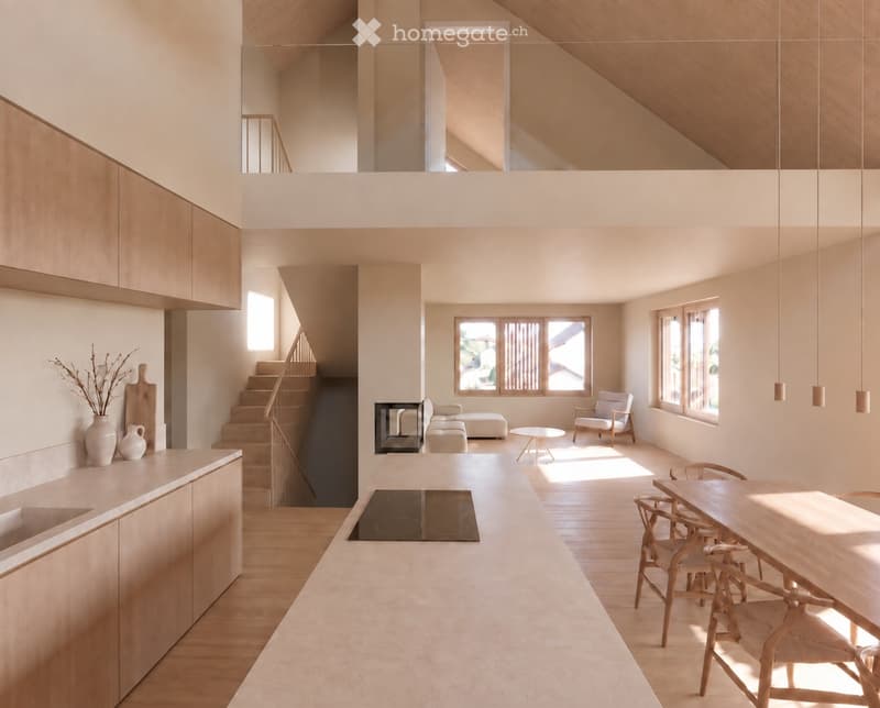 Open-plan kitchen and living area with light wood cabinetry, a central island with an induction cooktop, a dining table with chairs, a sofa, an ottoman, an armchair, and pendant lights. The space features large windows and a staircase leading to an upper