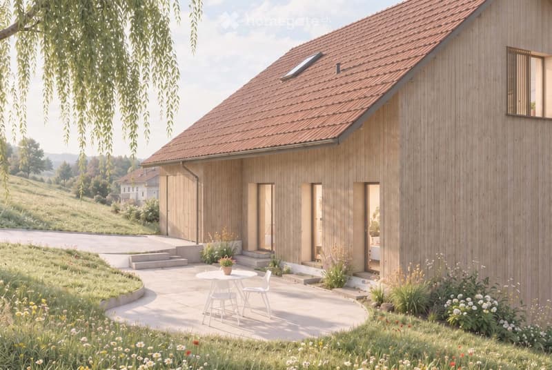 Modern wooden house with a red-tiled roof, large windows, and a raised ground floor. The house is surrounded by a well-maintained garden with a patio area featuring a white table and chairs.