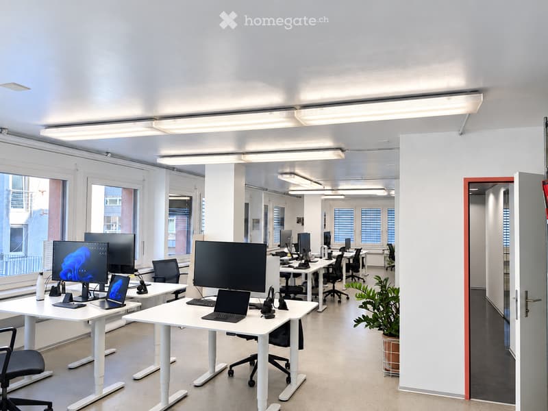 Modern office space with multiple desks, chairs, laptops, monitors, keyboards, mice, and headphones. Large windows provide natural light, and a potted plant adds a touch of greenery.